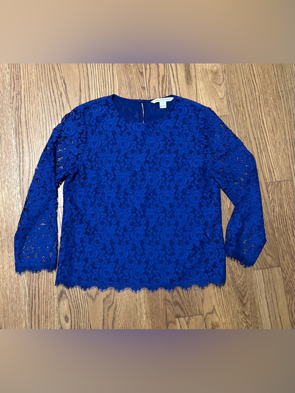 *Diane von Furstenberg Blue Lace Blouse Sz 10 Scalloped Hem‎ Long Sleeve DVF Top - Picture 7 of 14